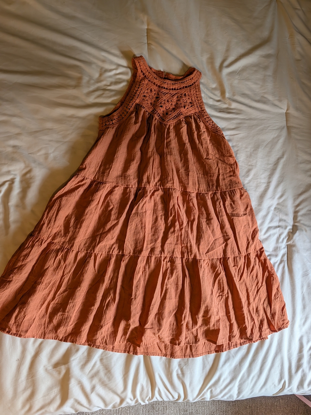 BTFBM Rust Crochet Halter Knee Length Boho Fall Dress Size Small